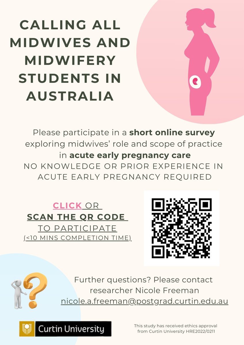 NicFreemanRM's tweet photo. https://t.co/4CFrJEyHkO 👈
Are you a #midwife or #midwiferystudent in Australia 🇦🇺? If YES, then I'd love you to complete a short 10-minute #survey exploring #midwiferypractice in acute early pregnancy care https://t.co/vEBd99ah0f