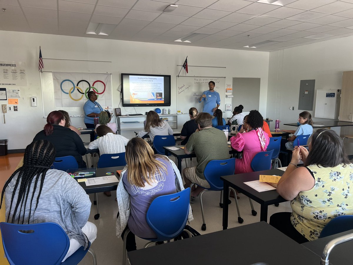 HerbertAkinsMS's tweet photo. It was a successful day in the Nest starting off the 2024-25 school year! Our Nighthawk Staff #SticksTogether and keeps their learning and student learning at the forefront of ALL they do! 🧡💙🩵 https://t.co/AkQrnjm3tA