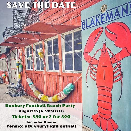DuxHSFootball's tweet photo. Our summer fundraiser is moving to Blakeman’s this year! Dinner is included (chowder, sliders, chicken tenders, crab cakes, harbor fries). Live music, cash bar, raffle items and silent auction. Venmo for your tix now before they sell out!
🐉🏈🏖️🍹 #SHL https://t.co/0EwX7UIcdU