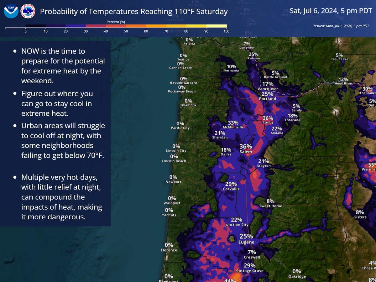 NWSPortland's tweet photo. 🔥🌡️Forecast models are trending HOTTER Friday into this weekend, with many now calling for dangerous heat inland.
NOW is the time to think about how you will stay cool during this heat wave. We all learned in June 2021 how deadly excess heat can be. #pdxtst #orwx #wawx https://t.co/vymFEKrhHb