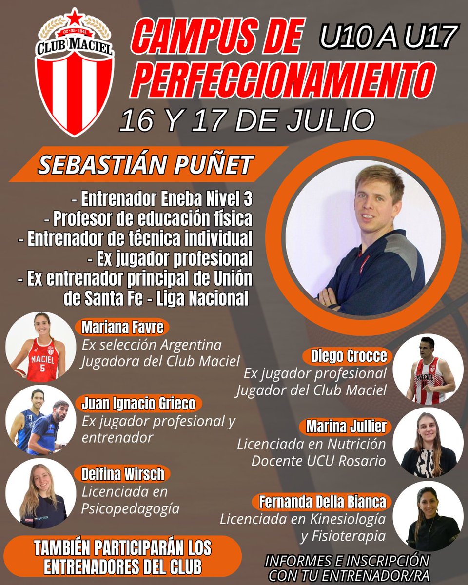 ClubMaciel's tweet photo. 🏀 BÁSQUET 
Este 16 y 17 de julio, el Club Maciel tendrá su primer Campus de Perfeccionamiento exclusivo para basquetbolistas de la institución desde la categoría U10 a U17. https://t.co/qVcYjaYXL9