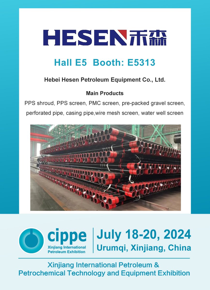 cippe_zw's tweet image. 【cippe Xinjiang 2024 - Exhibitor Preview】
Meet Hebei Hesen Petroleum Equipment Co., Ltd. at stand E5313.
#pipes #perforatedpipe #casingpipe #wiremeshscreen #wellscreen #cippeXinjiang #oilandgas #petrochemical #exhibition