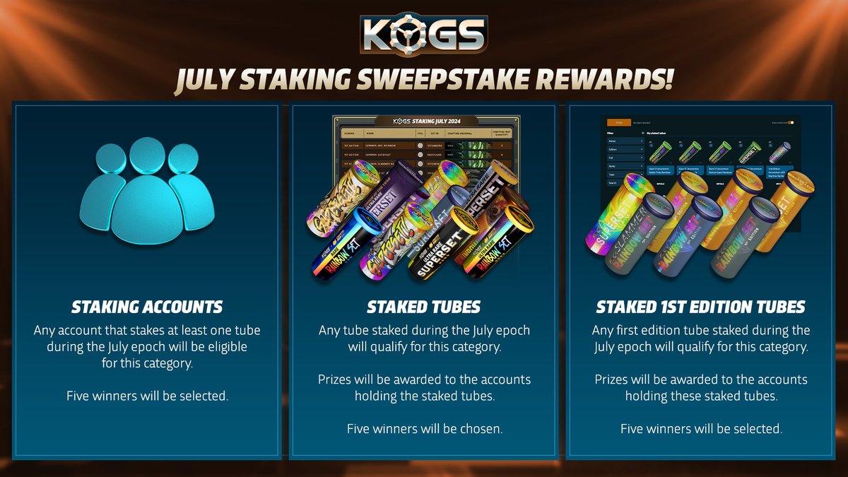 Introducing the July Staking Sweepstakes Rewards! 🎉

🏆 Categories: 

1️⃣ Staking Accounts: Stake at least one tube to qualify!
2️⃣ Staked Tubes: Any tube staked qualifies!
3️⃣ Staked 1st Edition Tubes: First edition tubes qualify!

🎁 Make sure to stake your tubes NOW!