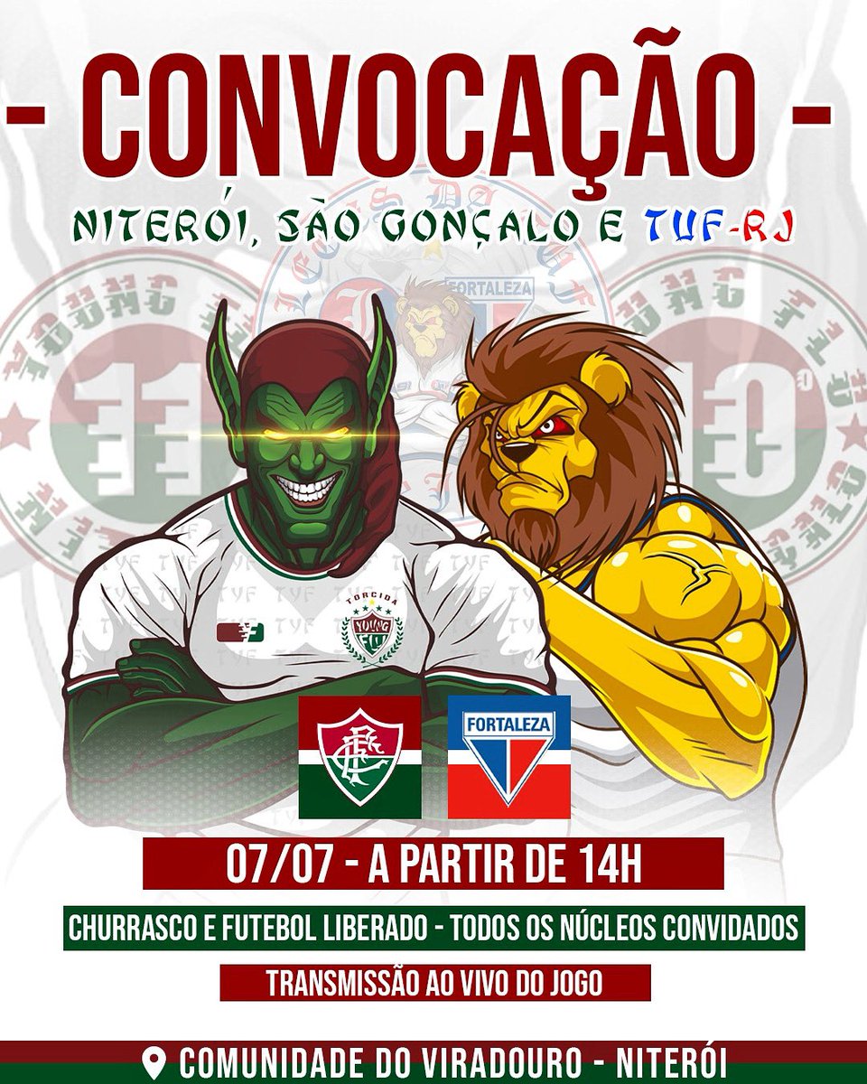 youngflusg's tweet photo. ❌  CONVOCAÇÃO  ❌

Convidamos todos os tricolores para a transmissão neste domingo, dia 07/07/2024. O Fluminense enfrenta o Fortaleza às 16:00 no Castelão, Fortaleza. 🇭🇺🇳🇱

OS TDD MALUCO, DESDE 1988. https://t.co/toXzXnY2lF