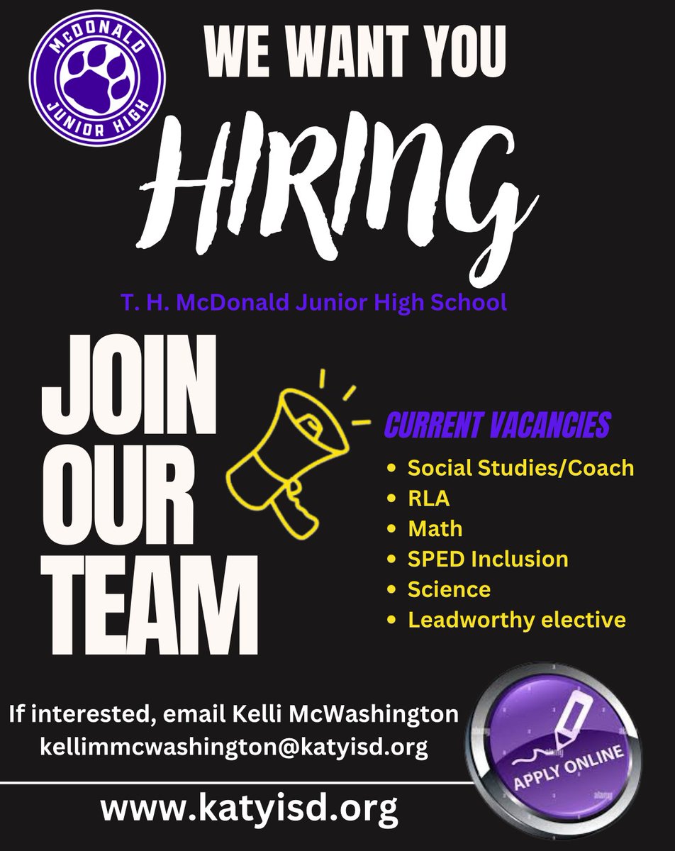 Teachers, looking for a new campus? Come join <a href="/MDJH_Panthers/">McDonald Junior High School</a> next school year! 
Our campus is wrapping up its renovation &amp; tech retrofit this summer- classrooms will be looking spiffy for the beginning of the school year!