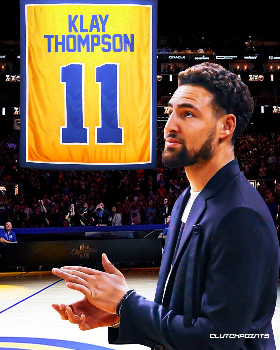 ClutchPoints's tweet photo. The Golden State Warriors have pledged to retire Klay Thompson's No. 11 jersey 🙌

"We can't overstate Klay Thompson's incredible and legendary contributions with the Warriors during his 13 years with the team.

The amount of joy and happiness that Klay provided Warriors fans, Bay Area natives and Dub Nation supporters all around the world has been immense and cannot be minimized.

Klay's legacy will live on forever and we look forward to the day we can retire his #11 jersey at Chase Center.

We thank Klay for his contributions and wish him the best as another chapter in his journey is written."

- Dubs' farewell message to Klay