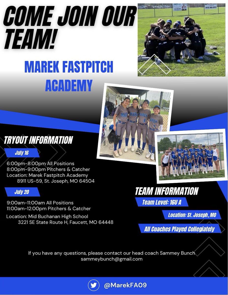 LandynGabler28's tweet photo. Marek Fast-pitch tryouts are coming up soon! Come join us for an amazing season coached by @SammeyBunch2 https://t.co/HrbNW55AWQ