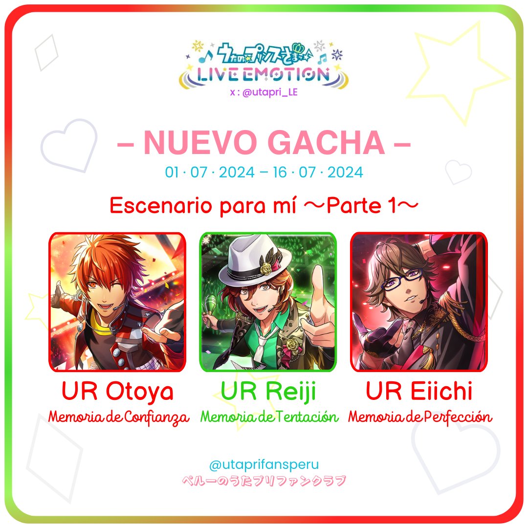 UtaPriFansPeru's tweet photo. #ライエモ | ¡Nuevo gacha en LIVE EMOTION con los líderes de grupo ❤️💚💔 
¡Mucha suerte a todos! 🍀

#Otoya #STARISH #Reiji #QUARTETNIGHT #Eiichi #HEAVENS #UtaPri #LiveEmotion https://t.co/Z8I34z8tOq