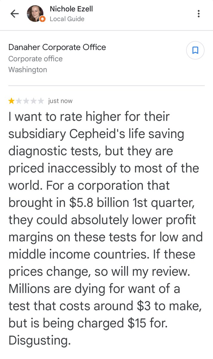 nicholeeze1's tweet photo. Do me a favor? Go on Google, rate Cepheid HQ &amp; Danaher HQ 1 star, tell them abt how their co's r making billions of $ every qtr using tests w prices that r WAY overblown. That millions of ppl will die due to not being able to get life saving tests they make &amp; that should change🙏🏻 https://t.co/zEpaNqeUAq
