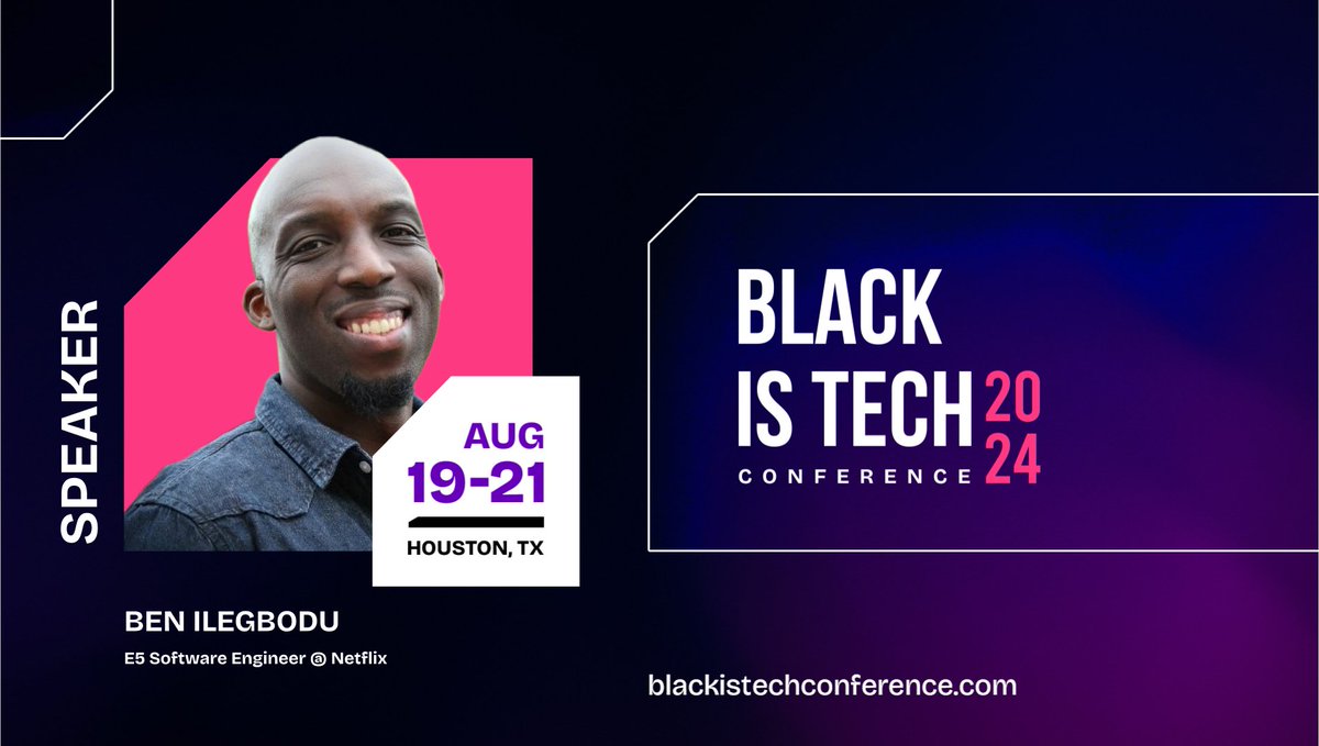 #blackistech2024 is coming to Houston! 🔥

The conf is from Aug 19-21 and I'll give my talk on Next.js on the 19th.

They hooked me up with a 20% off code (BENI20) for registration too: e.sparxo.com/Black-Is-Tech-…

If you're in the area, hopefully you'll come out!

#blackistech