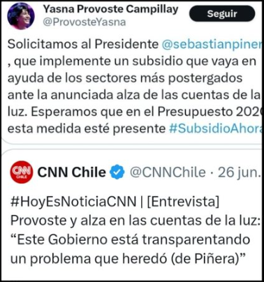 Iherreraa's tweet photo. @LisandroSpa Y quienes promovían el congelamiento de las tarifas eléctricas e incluso pagar CERO por la electricidad? Boric, Vallejo, Cariola, Jadue, Provoste y toda la oposición de Piñera. Solo unos mentirosos y populistas. https://t.co/z2w8hk1CVP