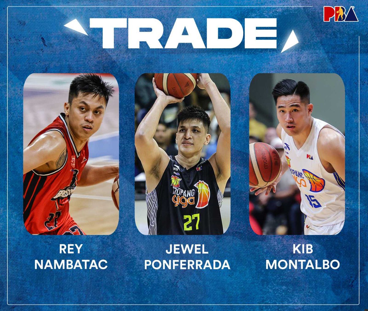 pbaconnect's tweet photo. It’s OFFFICIAL. 

BLACKWATER BOSSING - acquired the rights to Kib Montalbo, Jewel Ponferada and TNT's 53d Season Second Round Draft Pick.

TNT TROPANG GIGA - acquired the rights to Rey Nambatac.

#PBAAngatAngLaban https://t.co/4Q4krImVlG