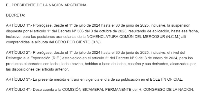 El Gobierno extendió la suspensión de retenciones para productos #lácteos por un año. La medida se conoció a través de la publicación del Decreto 557/2024 en el Boletín Oficial.