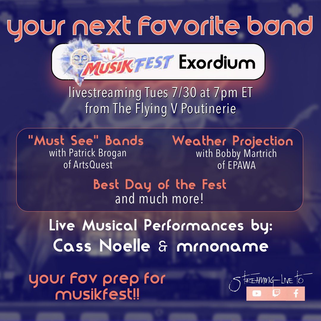 SAVE THE DATE! Our <a href="/Musikfest/">Musikfest</a> Exordium Livestream is Tues 7/30 at 7pm ET from <a href="/theflyingVFT/">The Flying V</a> 

- "Must see" Bands with <a href="/PatrickMBrogan/">Patrick Brogan</a> of <a href="/ArtsQuest/">ArtsQuest</a> 
- Long range weather with Bobby Martrich of <a href="/epawawx/">Bobby Martrich | EPAWA</a> 
- Best Day of the Fest
- Live performances by Cass Noelle &amp; <a href="/mrnonamemusic/">mrnoname</a>
