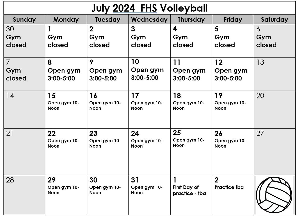 July High School Football and Volleyball schedules. Everything gets busy next week. Be sure you get your physical form updated and turned in. No physical.... No practice on August 1.