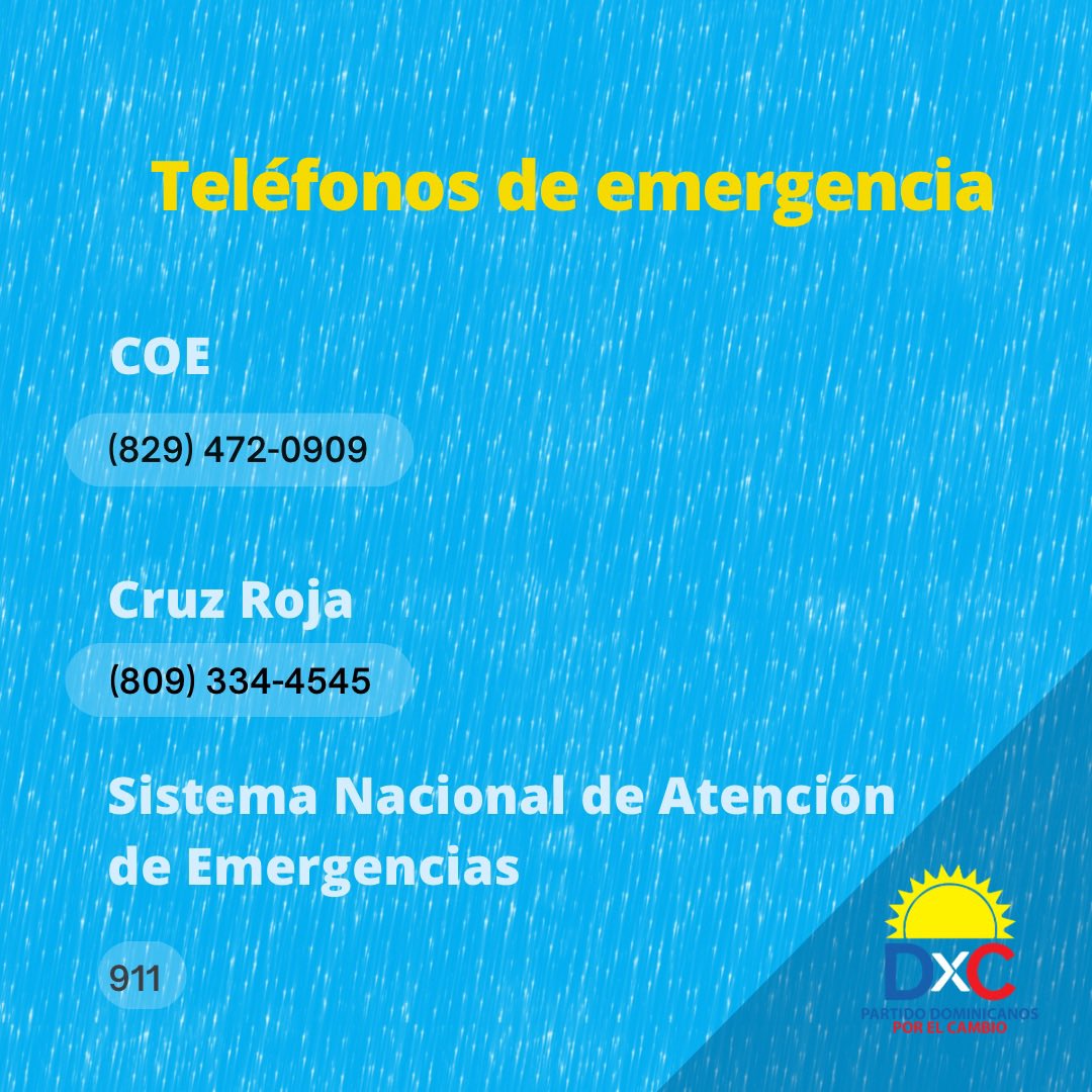 partidodxc's tweet photo. ✅Ante los posibles efectos del huracán Beryl, el Partido Dominicanos por el Cambio (DxC) les exhorta a tomar todas las precauciones necesarias para proteger a sus familias y propiedades.
⚠️Manténganse informados, sigan las indicaciones de las autoridades.
#PartidoDxC https://t.co/pVKL3eV0Ru