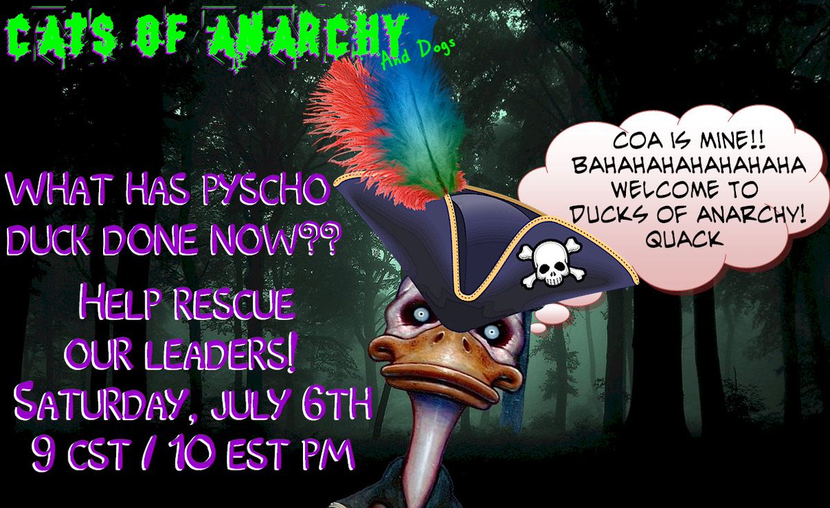 What has Psycho Ducky been up to? We must rescue our leaders! Join us this Saturday for big announcements! 😹😹
#CatsOfAnarchy won’t back down Ducky! 😹😹