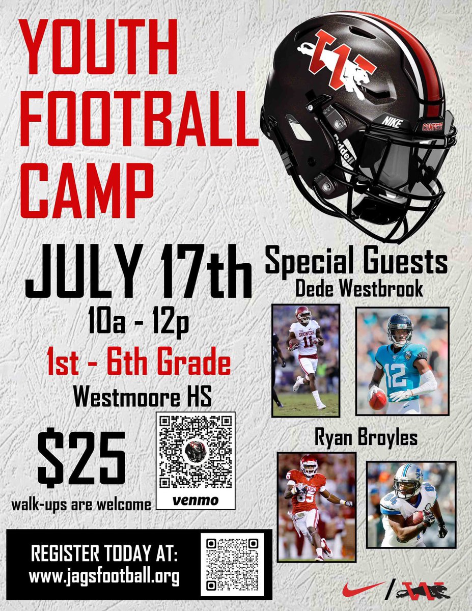 🗣️ Westmoore High School‼️ YOUTH FOOTBALL CAMP JULY 17th (1st-6th grade)‼️ Special Guests and more, tell a friend to tell a friend !!