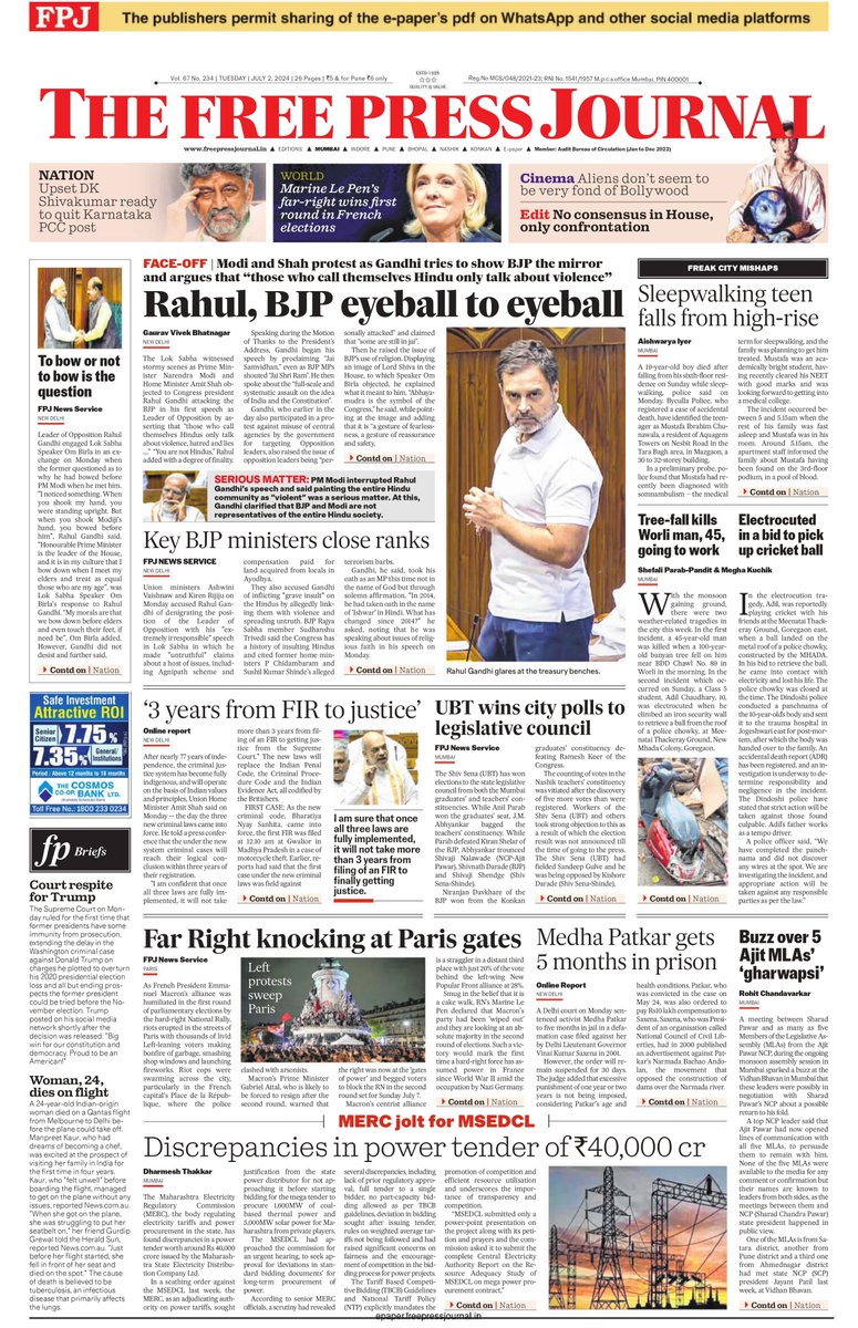 #FPJFrontPage

- #Rahul, #BJP Eyeball To Eyeball 

- #UBT Wins City Polls To #LegislativeCouncil 

Read More: epaper.freepressjournal.in

To receive e-paper daily on #WhatsApp click here: chat.whatsapp.com/HpvXDsEblSkFtB…