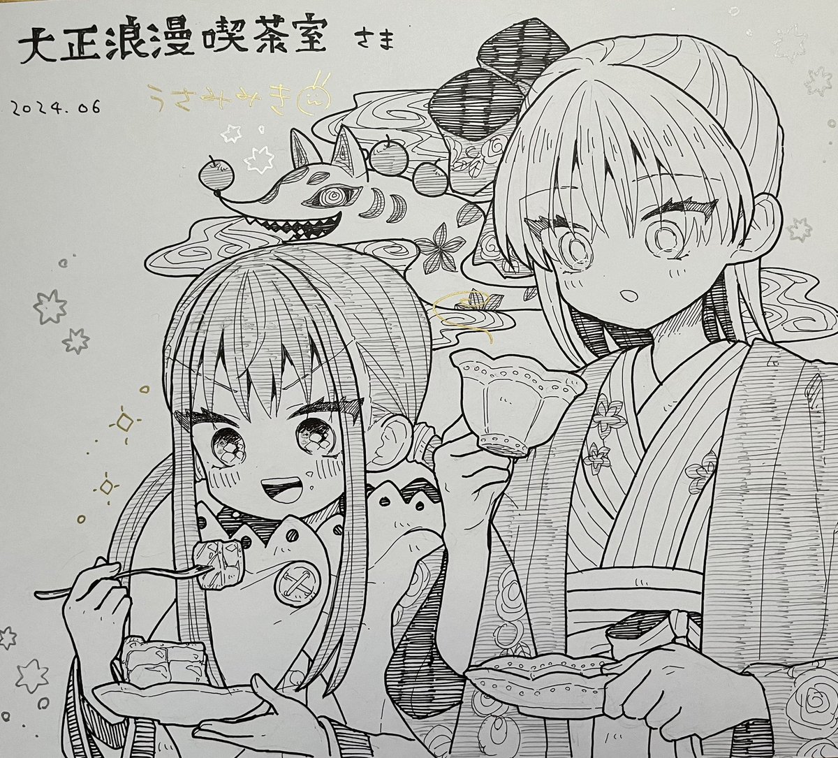 おまけの色紙の下描きと完成版です 