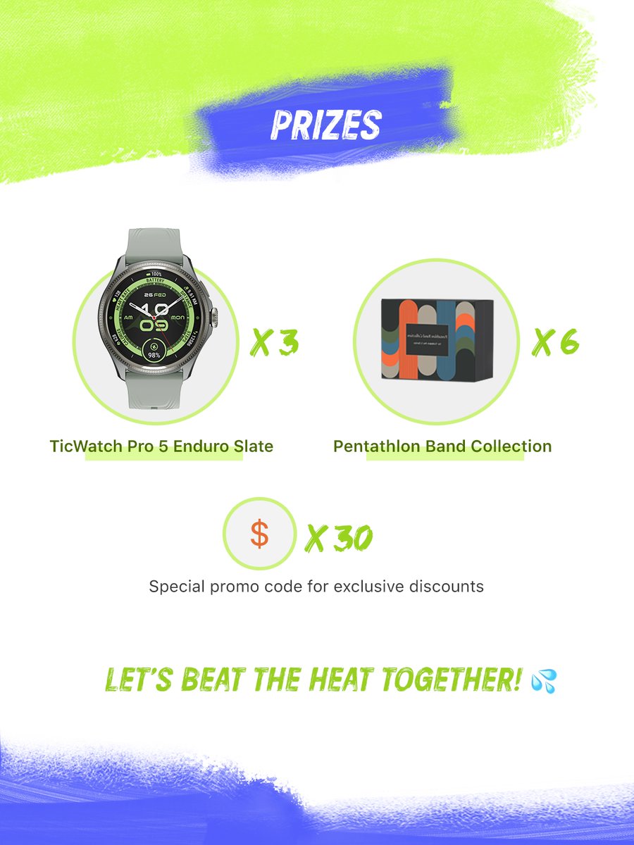 We are giving away multiple TicWatch Pro 5 Enduro Slates and Pentathlon Watch Band Collections to keep you refreshed! 💦

Fitness routines, diet secrets... Share your best tips for staying active and healthy during summer!
Follow us, tag 2 friends &amp; comment below to share! ☀️