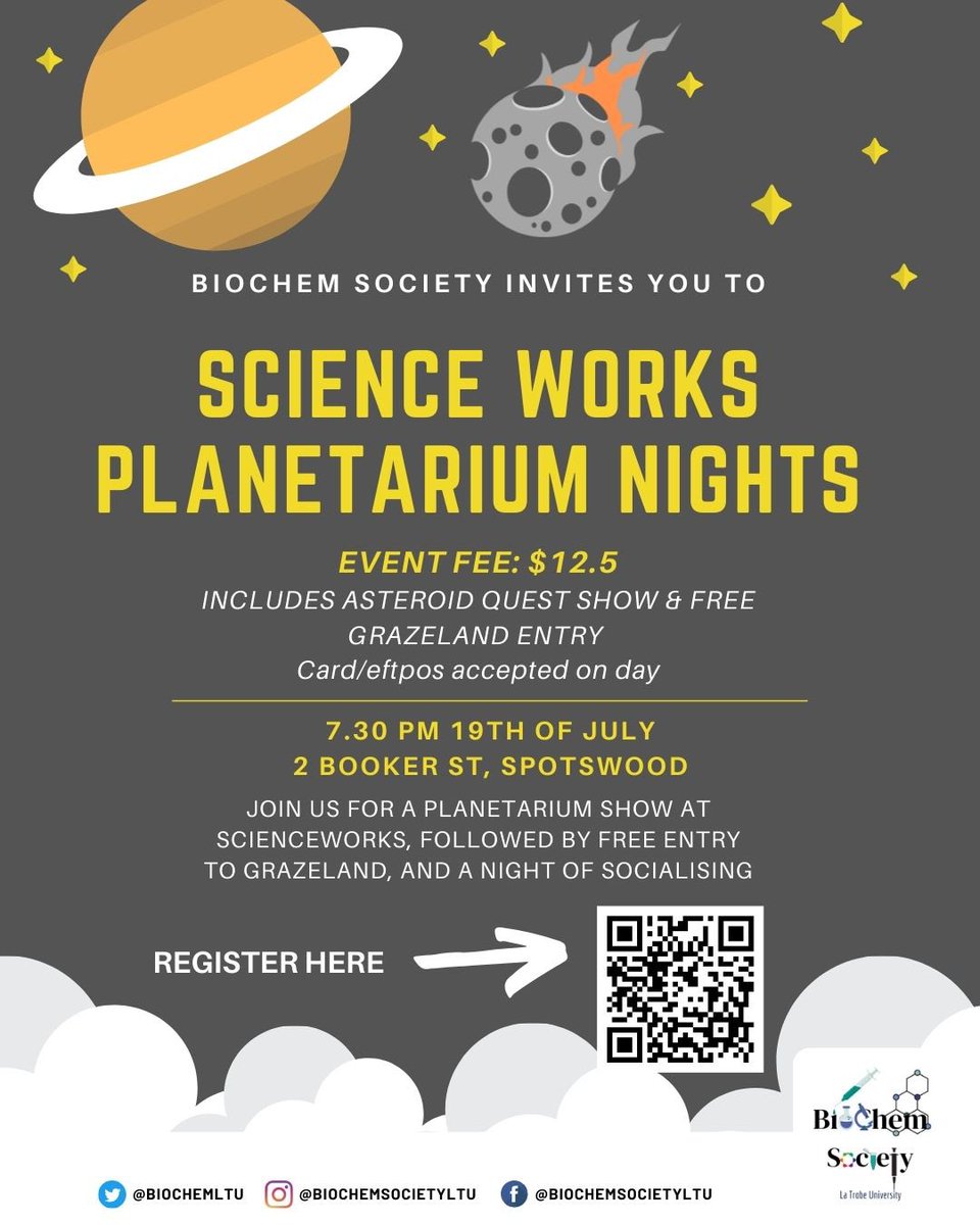 BioChem Society LTU (@biochemltu) on Twitter photo Join the BioChem Society for an after dark planetarium show hosted by <a href="/scienceworks_mv/">Scienceworks</a>
💵 event fee: $12.50 (card/eftpos available)
📍 location: Scienceworks (2 Booker Street, Spotswood)
⏰ time: 7.30pm (try to arrive 15mins early)
Registration link: docs.google.com/forms/d/e/1FAI… Join the BioChem Society for an after dark planetarium show hosted by <a href="/scienceworks_mv/">Scienceworks</a>
💵 event fee: $12.50 (card/eftpos available)
📍 location: Scienceworks (2 Booker Street, Spotswood)
⏰ time: 7.30pm (try to arrive 15mins early)
Registration link: docs.google.com/forms/d/e/1FAI…