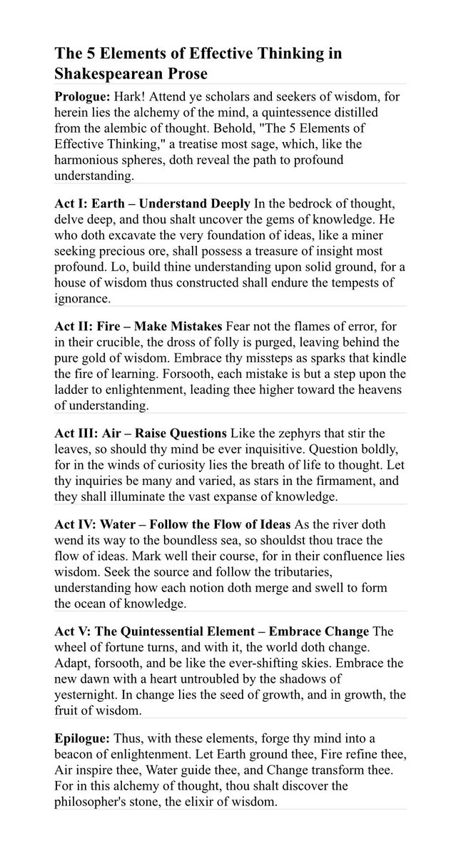 The 5 Elements of Effective Thinking as a five-act Shakespearean play. 
Thou can readist presently anon…
