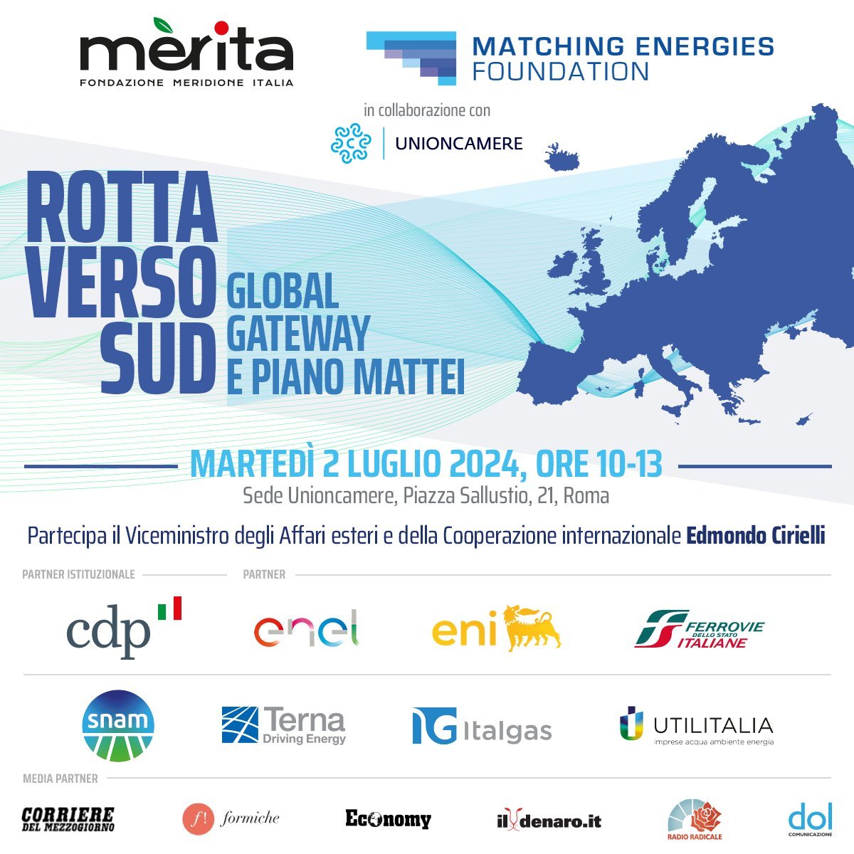MeritaSocial's tweet photo. 📌Siamo in diretta da Roma per l'incontro "Rotta verso #Sud, #GlobalGateway e #PianoMattei", organizzato da Merita e Matching Energies Foundation, in collaborazione con @unioncamere, con il Viceministro @edmondocirielli - @ItalyMFA, esperti e rappresentanti del settore energetico. 

▶️Segui lo streaming sul nostro canale facebook:
https://t.co/jMT3wTNA6D