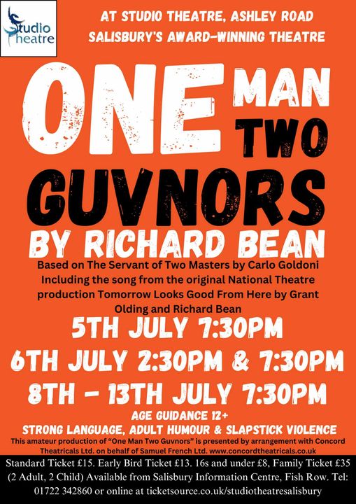 Tickets are now available for One Man, Two Guvnors by Richard Bean. Based on The Servant of Two Masters by Carlo Goldoni. at Studio Theatre Salisbury, Salisbury. ticketsource.co.uk/whats-on/salis…