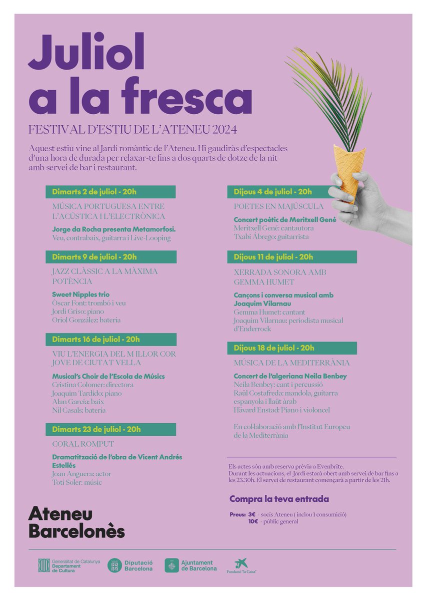 🌴Avui comença el JULIOL A LA FRESCA, el Festival d’estiu de l’Ateneu!

👉Jorge da Rocha. Un reconegut jove músic portuguès que explora el contrabaix, combinant-ho amb veus, guitarra elèctrica i Live-Looping.

🗓️dimarts 2 a les 20h (60’)

🎟️3€/10€

📱 eventbrite.com/e/musica-portu…