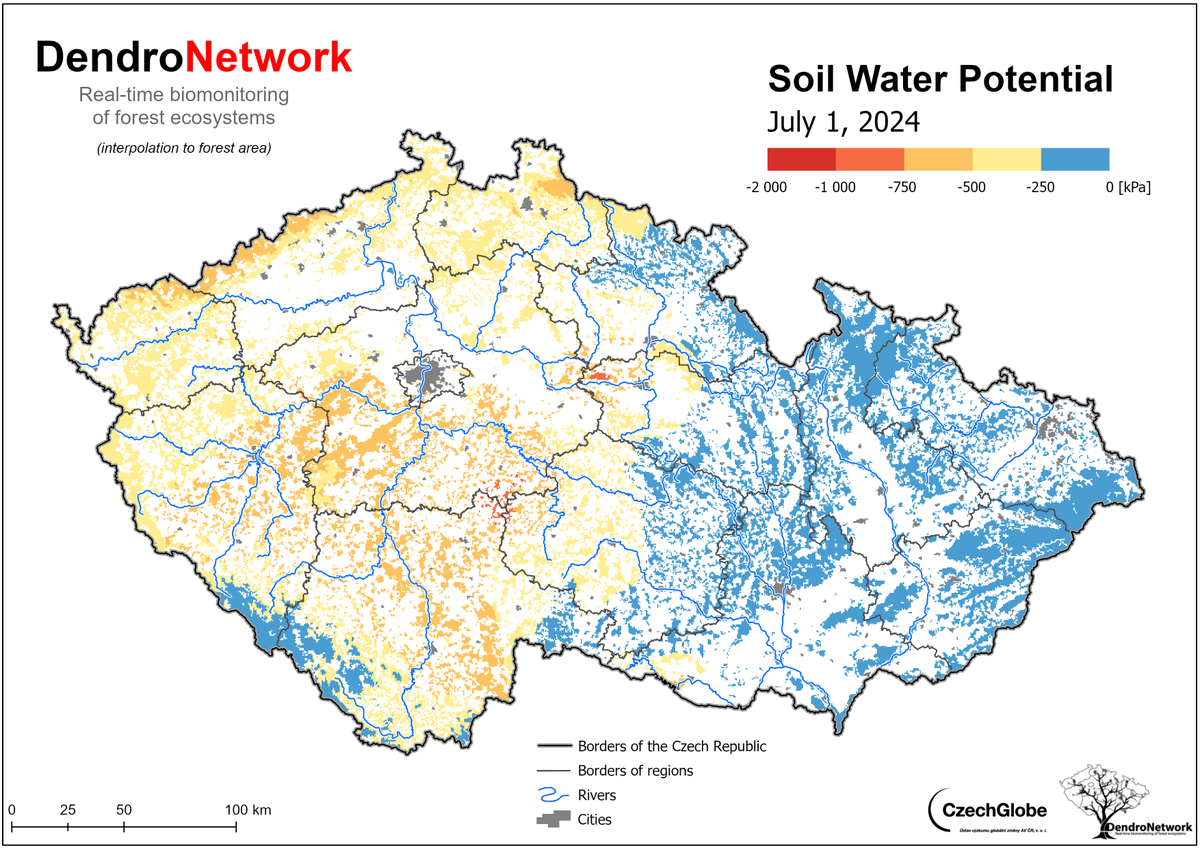 czechglobe_xylo's tweet photo. 🌧️🌲We are seeing a similar situation in Czech forests! Our #DendroNetwork monitoring system confirms an acute lack of water, especially in Bohemia. While Moravia and Silesia may be able to manage without further heavy rainfall for a while, every drop is still welcome in Bohemia! https://t.co/16AjCtwUa5