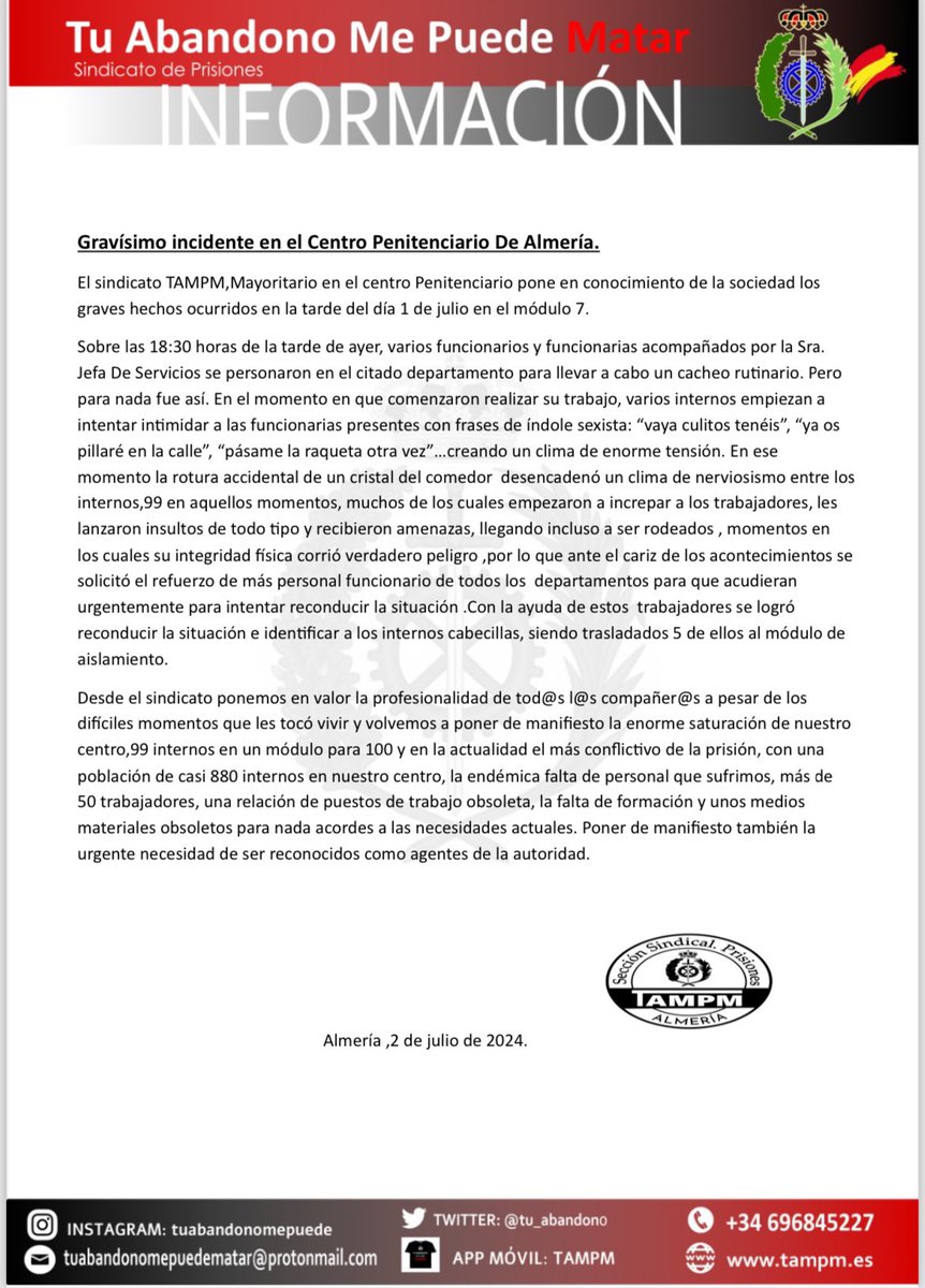 Tampm_Almeria's tweet photo. 🚨🚨🆘GRAVÍSIMA SITUACIÓN QUE TUVIERON QUE VIVIR EN LA TARDE DE AYER LOS COMPAÑER@S DE SERVICIO 🆘🚨🚨#agentesdeautoridadya #sosprisiones https://t.co/CBhe3OPWoY
