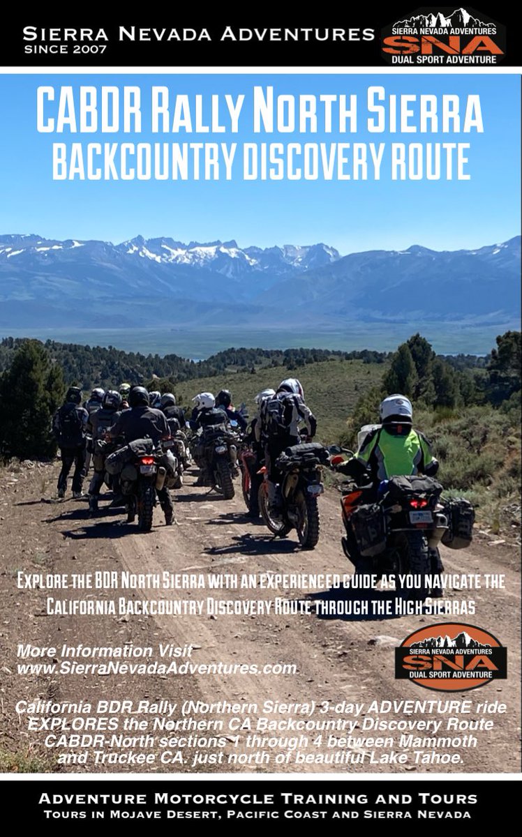 SNAMark's tweet image. CABDR NORTH SIERRA
Aug 16th - 18th 2024

California BDR Rally (Northern Sierra) 3-day ADVENTURE ride EXPLORES the Northern California Backcountry Discovery Route (CABDR-North) sections 1 through 4 between Mammoth &amp;amp; Truckee 

Learn more or SIGN-UP...
SierraNevadaAdventures.com