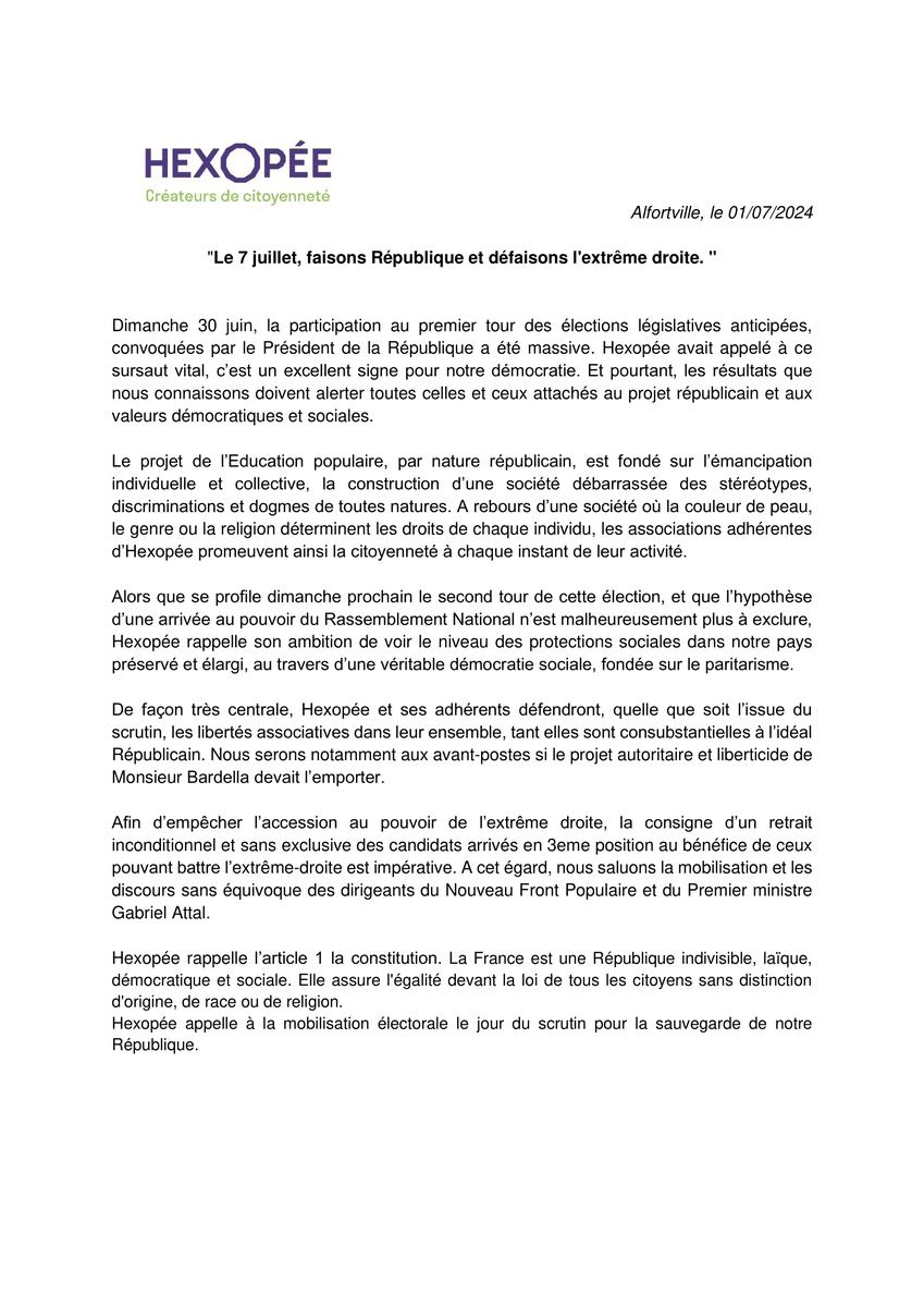 <a href="/Hexopee_off/">Hexopée</a> fidèle à son projet d’Éduc pop fondé sur l’émancipation et la citoyenneté appelle à une mobilisation massive pour contrer l'hypothèse d'une victoire de l'extrême droite.
🔴Faisons République et défaisons l'extrême droite🔴
#Election2024 #EducationPopulaire