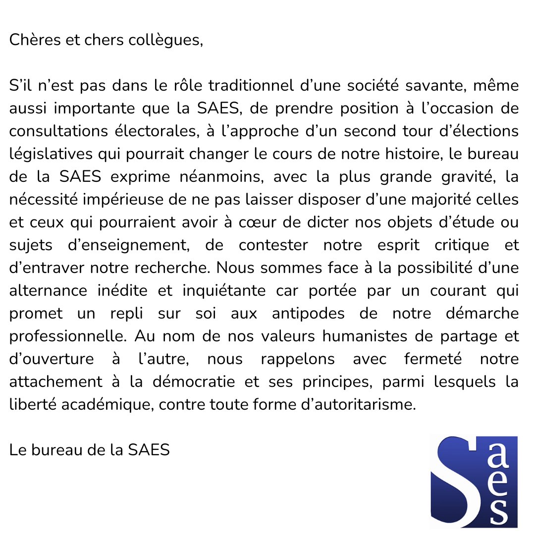 Communiqué du bureau de la SAES à l’approche du second tour des élections législatives

saesfrance.org/communique-du-…