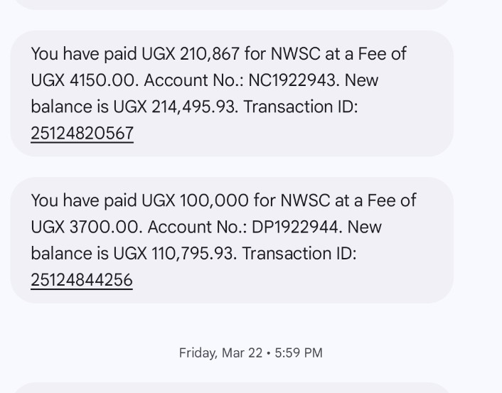Derrick_Laber's tweet photo. @nwscug @vevemorris Same here and you have been ignoring all my replies 😭 
We are at Tankhill Sonde..... just a few meters from your tanks and we have never got meters..... 0702687573... Payments made in March 2024 as below. #waterman https://t.co/MzcJ16tNmE