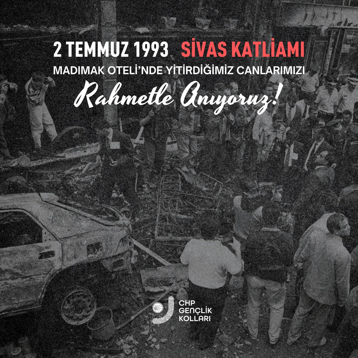 chpgenclik_gm's tweet photo. Zamanaşımına uğratılan bir insanlık suçu.

Yitirdiğimiz tüm canları saygıyla anıyoruz. Anıları, aklımızda ve kalbimizde yaşamaya devam ediyor.

#UnutMADIMAKlımda https://t.co/fV9TnXoDQA