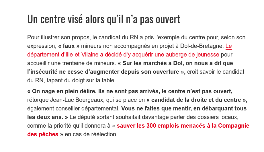 Trumpisme sauce armoricaine. Lors d'un débat télé, le candidat RN à Saint-Malo Dylan Lemoine a prétendu que « l’insécurité ne cesse d’augmenter depuis l'ouverture [d'un centre pour mineurs non accompagnés] » à Dol.

Sauf que le centre n'a pas ouvert !

ouest-france.fr/elections/legi…