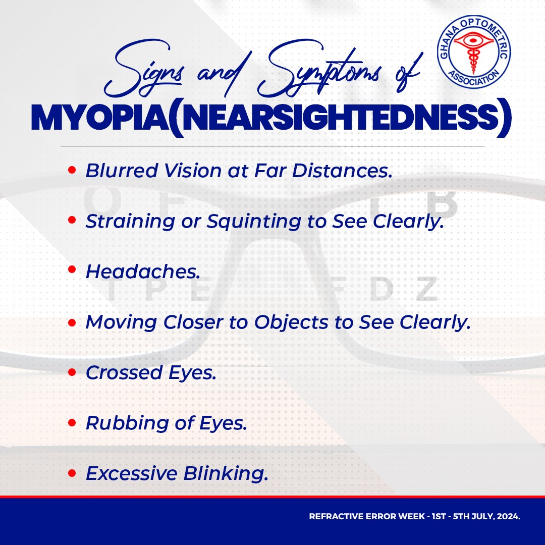 GOAssoc's tweet image. Today&apos;s spotlight is on MYOPIA!

Myopia also known as shortsightedness is a type of refractive error where distant objects appear blurry while close objects can be seen clearly. 

Learn more 👇

#RefractiveErrorWeek 
#NationalDevelopment
#ClearVisionForGhana