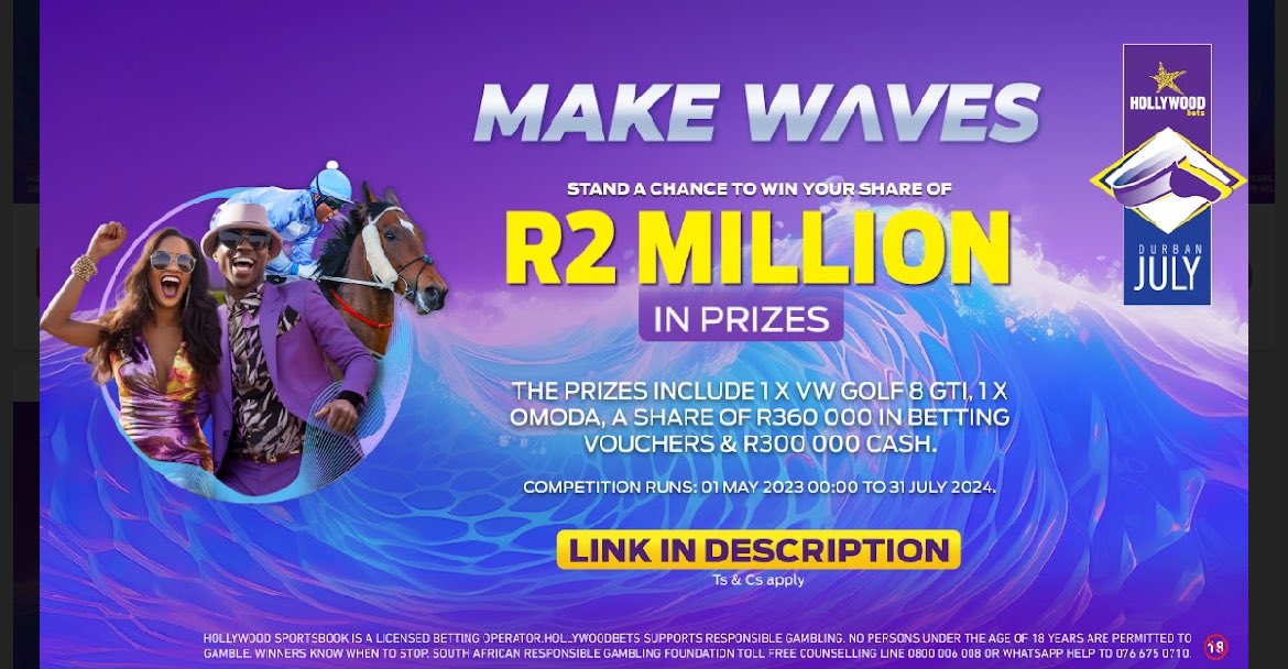 +18 | Don't miss Africa's biggest horse racing event, chance to win big! Who are you putting your money on? 🎉🤑

Sign Up - Get a R25 sign up bonus + 50 Free spins on Habanero games once your Hollywoodbets account is activated 👉  bit.ly/4clDuuk
Ts &amp; Cs apply. 💜