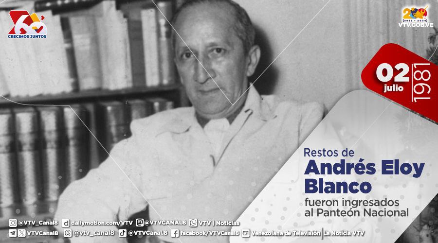 #EFEMÉRIDE🗓️| En reconocimiento a su legado en la cultura y la lucha por la democracia, el #02Jul de 1981, los restos del poeta y político venezolano Andrés Eloy Blanco fueron ingresados al Panteón Nacional como símbolo de inspiración artística.

#OrgullosoDeSerVenezolano