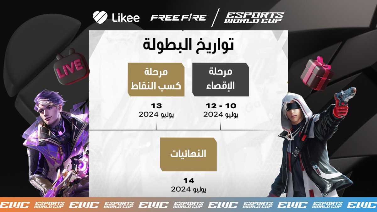 likee_arabia's tweet photo. 🔥 استعدوا للمواجهة النهائية! 🌟🎮🕹️

انضموا إلينا على Likee لمتابعة بطولة Free Fire Esports World Cup المباشرة من 10 يوليو إلى 14 يوليو 2024. 

شاهدوا فرقكم المفضلة وهي تتنافس في مباريات مثيرة 🎮        
 
لا تفوتوا لحظة من الإثارة!

#EsportsWorldCup #Likee #LikeeGamingCommunity #كأس_العالم_للرياضات_الإلكترونية  #FreeFire
