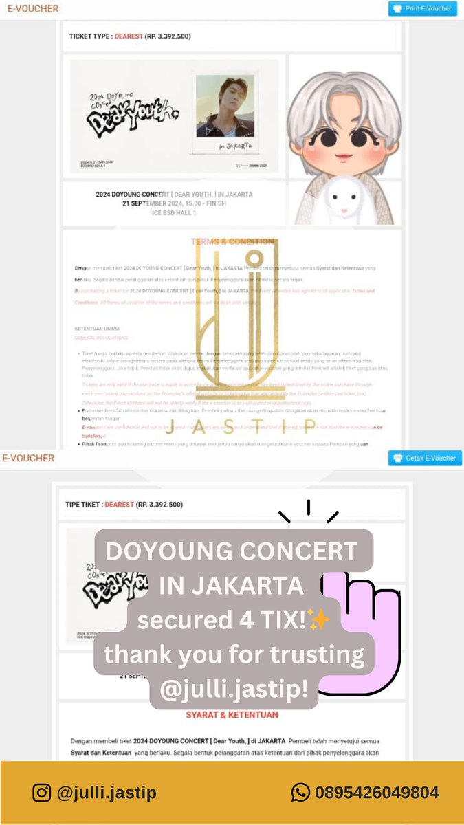 jullijastip's tweet photo. [#proof_JJ DOYOUNG DEAR YOUTH CONCERT IN JAKARTA]

secured 4 tiket untuk presale Weverse! 🧡 https://t.co/xy5RbDGdMU