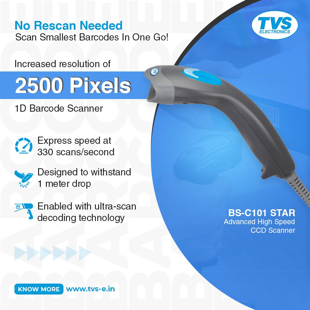 tvs_electronics's tweet image. Struggling to scan small barcodes? Upgrade to BS-101 STAR, 1D barcode scanner. With 2500 pixel high-resolution and advanced high speed CCD, handle the tiniest barcodes with ease in just one go!

More information: store.tvs-e.in/products/bs-c1…

#TVSElectronics #TVSE #BarcodeScanner