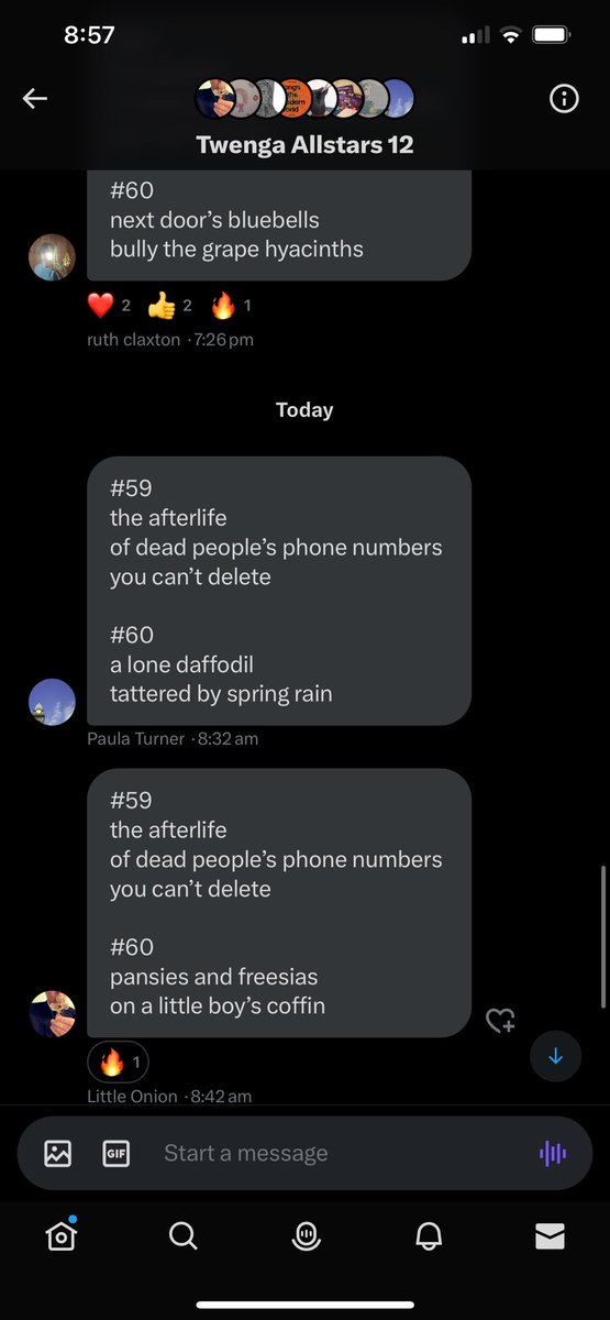 #59
the afterlife
of dead people’s phone numbers 
you can’t delete

#60
next door’s bluebells
bully the grape hyacinths

#twenga #springflower @ruthclaxton 
<a href="/Gavin_Wade_/">Gavin_Wade_</a> <a href="/LittleOnion/">Little Onion</a> @Random_Fate <a href="/byTinaFrancis/">Tina Francis</a> <a href="/artpickdarkpot/">patrick</a> <a href="/tantwenga2024/">justherefortantwenga</a> <a href="/Cathy_Wade/">Cathy Wade</a> <a href="/AnumAJamal/">Anum Jamal</a> @jamray