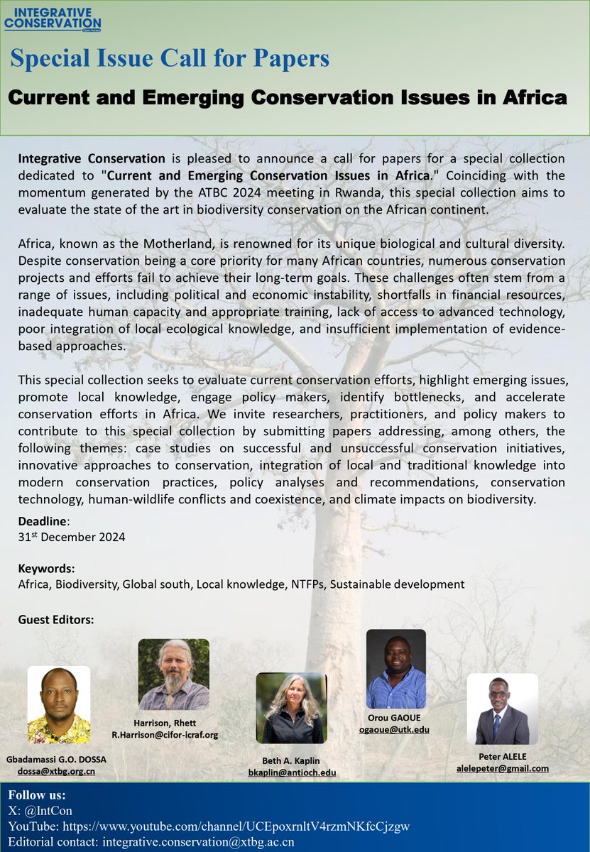 Integrative Conservation (@intcon) on Twitter photo Call for #specialissue on #Conservation in #Africa. ​Submit your MS by Dec. 2024 Guested by <a href="/GouvideDossa/">Gbadamassi Gouvide Olawole Dossa</a>
<a href="/BethKaplin1/">Beth Kaplin</a>
<a href="/RhettDHarrison/">Rhett Harrison</a>
<a href="/PeterAlele/">Peter Alele</a>
<a href="/ogaoue/">Orou Gaoue</a>
​Any questions? get in touch with us. ​We will be physically in Rwanda this month
<a href="/theATBC/">ATBC</a> to answer any questions live. Call for #specialissue on #Conservation in #Africa. ​Submit your MS by Dec. 2024 Guested by <a href="/GouvideDossa/">Gbadamassi Gouvide Olawole Dossa</a>
<a href="/BethKaplin1/">Beth Kaplin</a>
<a href="/RhettDHarrison/">Rhett Harrison</a>
<a href="/PeterAlele/">Peter Alele</a>
<a href="/ogaoue/">Orou Gaoue</a>
​Any questions? get in touch with us. ​We will be physically in Rwanda this month
<a href="/theATBC/">ATBC</a> to answer any questions live.