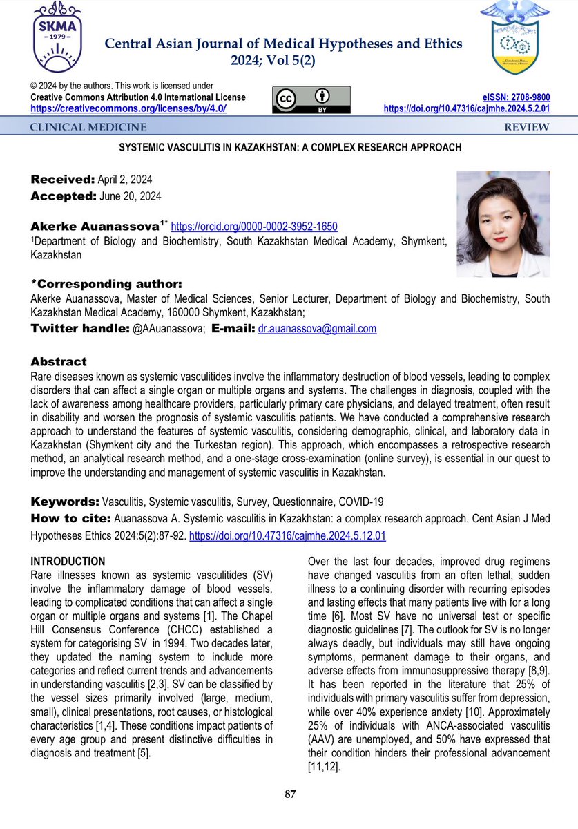 Systemic vasculitis in Kazakhstan: A complex research approach 🔥🔥🔥
#vasculitis #Kazakhstan #research #methods #complexapproach 
cajmhe.com/index.php/jour…
<a href="/ArmenYuri/">Armen Yuri Gasparyan</a> <a href="/OlenaZimba/">Olena Zimba</a> <a href="/BurhanFatihKoy1/">Burhan Fatih Koçyiğit</a> <a href="/Birzhan7101423/">Birzhan</a>