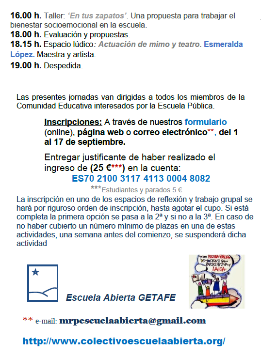 MRP_Confe's tweet photo. 📢📢 XLII Escuela de Verano en #Getafe
Organiza @EscAbiertaMRP
Bienestar en la escuela y salud emocional
🗓️ 20 y 21 de setiembre
ℹ️ https://t.co/UHG1f8EmbZ
#ev2024 #EVerano24 #formaciónverano #mrp #ee2024 #EEstiu24 #formacióestiu https://t.co/cPlsQJENG2