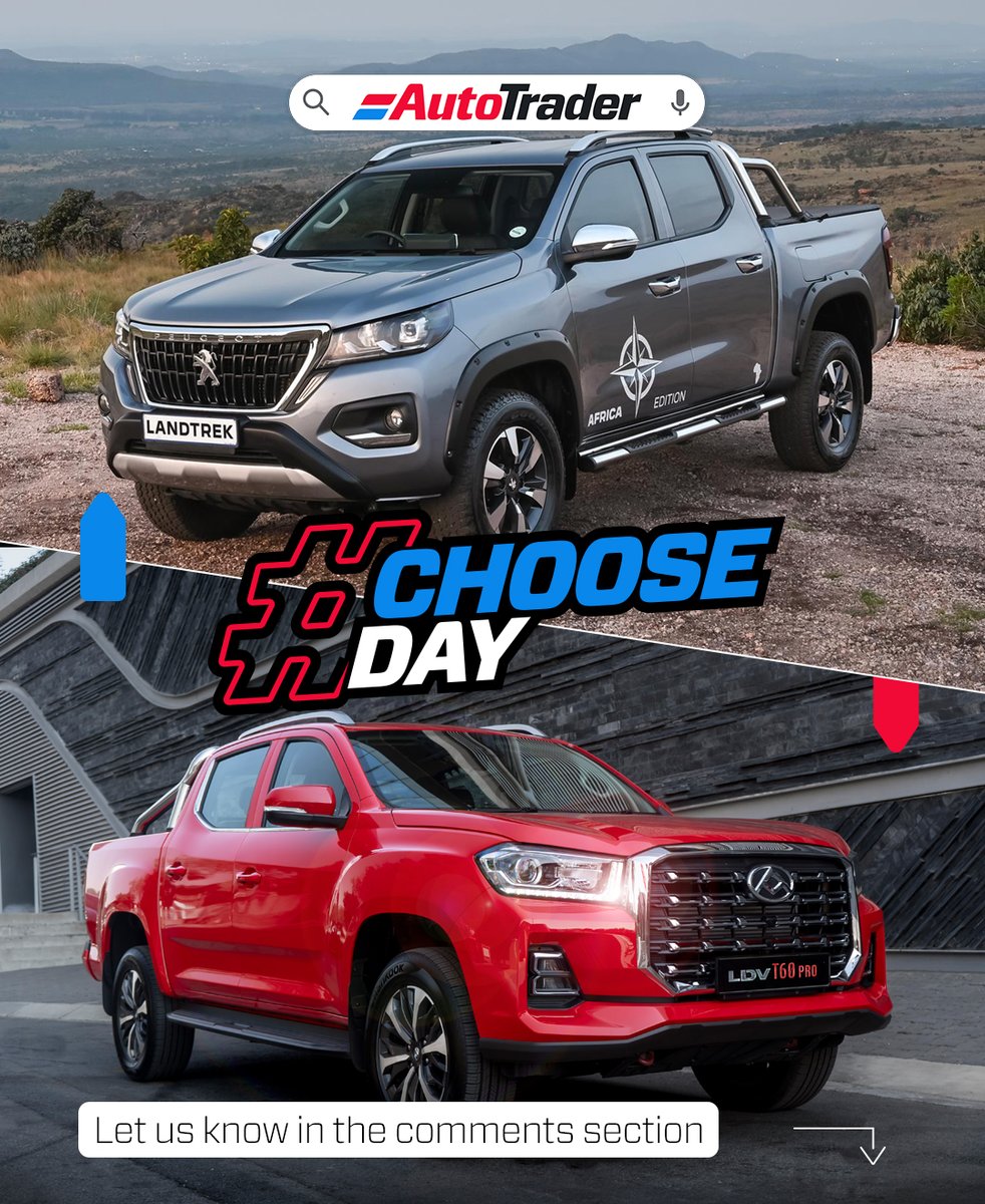 AutoTraderSA's tweet photo. This #chooseday, we want to know if you had the choice to surrender your money to get a Peugeot Landtrek or go for the new LDV T60.

#chooseday #choose #quiz #carquiz #bakkie #bakkies #pickup #Peugeot #Landtrek #PeugeotLandtrek #LDV #T60 #LDVT60 #offroad #carsofinstagram https://t.co/TnNigtD9S2