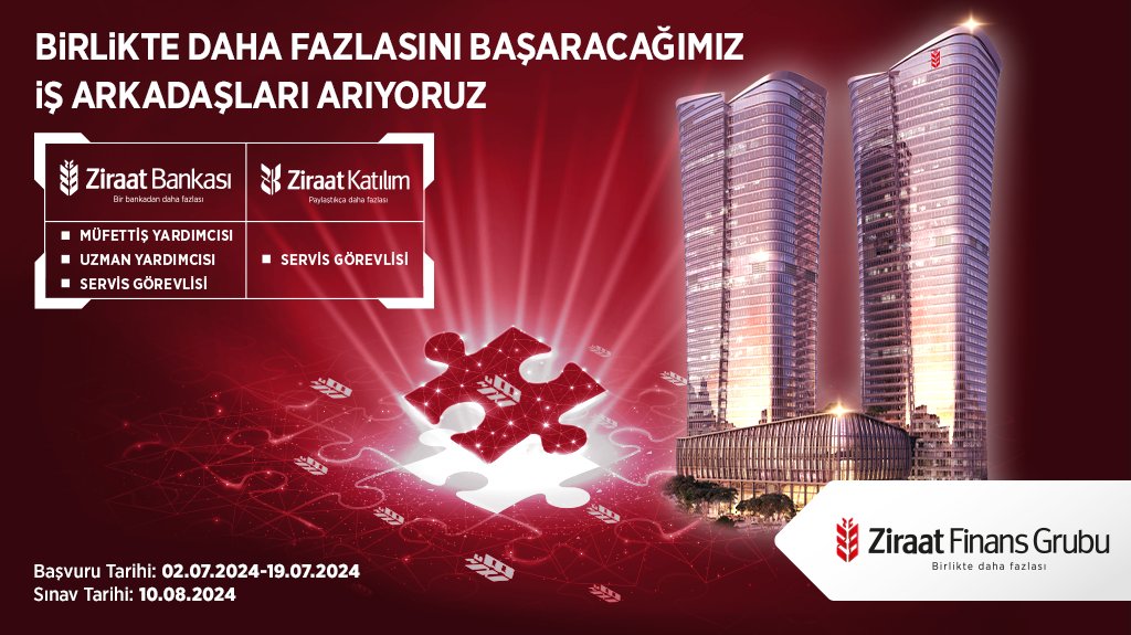Birlikte daha fazlasını başaracağımız iş arkadaşları arıyoruz. Son başvuru tarihi: 19.07.2024. Detaylı bilgi web sitemizde. #ZiraatFinansGrubu